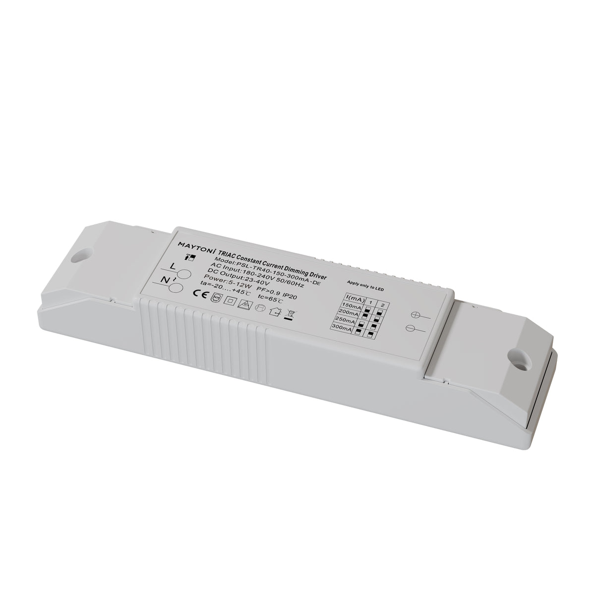 Maytoni TRIAC 40W 150-300mA constant current LED driver in a white plastic casing with printed specification label and DIP switch current selector.