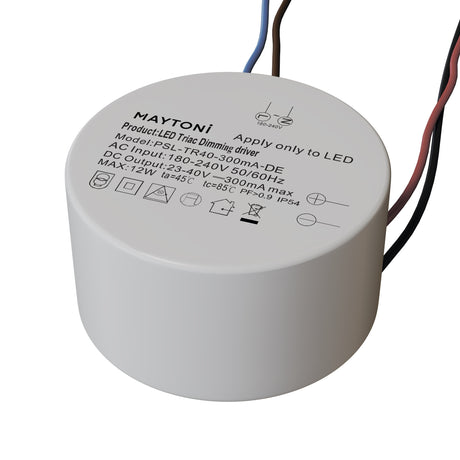 Maytoni 12W Triac dimmable LED driver in a round white plastic IP54 housing with blue, brown, black and red output wires.