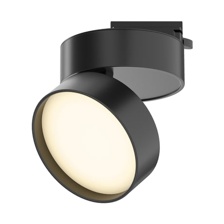 Maytoni ONDA 18W LED track light in matt black aluminium with adjustable round head and single-circuit track mount, shown on a plain white background.