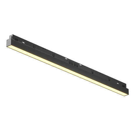 Maytoni Basis 24W 2700K LED linear track light in matt black aluminium with warm white diffuser, shown at an angle on a white background.