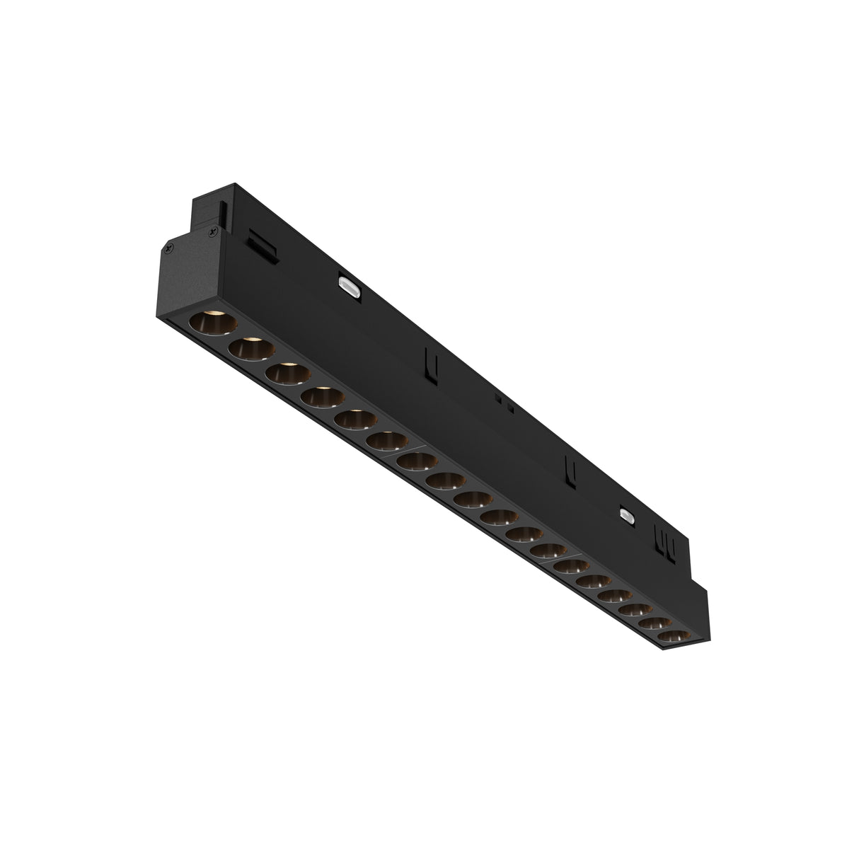 Maytoni Points 18W 2700K LED track light in matt black aluminium with linear row of recessed lenses, shown on a plain white background.