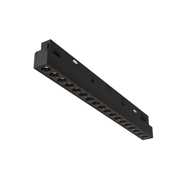 Maytoni Points 18W 2700K LED track light in matt black aluminium with linear row of recessed lenses, shown on a plain white background.