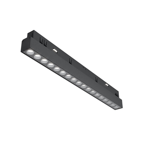 Maytoni Points 18W LED track light in matt black aluminium with a linear recessed LED array and 48V track mount, on a plain white background.