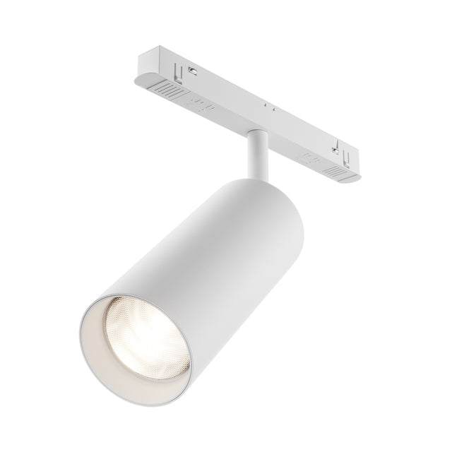 Maytoni Focus 20W LED track light with a white cylindrical aluminium head on an adjustable yoke and track mount, shown on a plain white background.