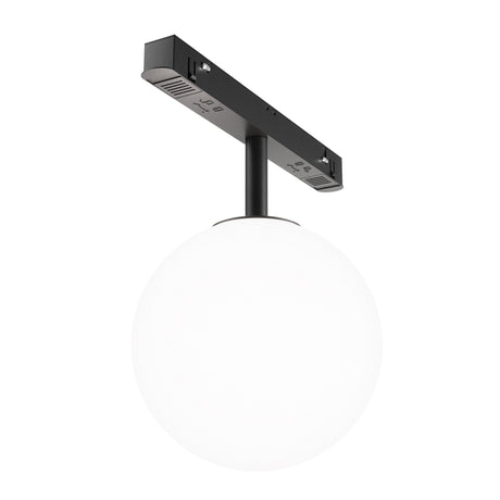 Maytoni Luna LED track light with an opal glass globe suspended from a matt black stem on a horizontal track adaptor bar, shown on a white background.