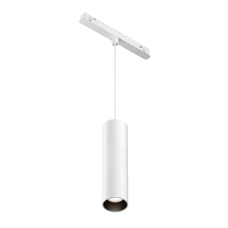 Maytoni Focus 12W LED track pendant with white cylindrical aluminium body suspended from a white track adaptor on a plain background.