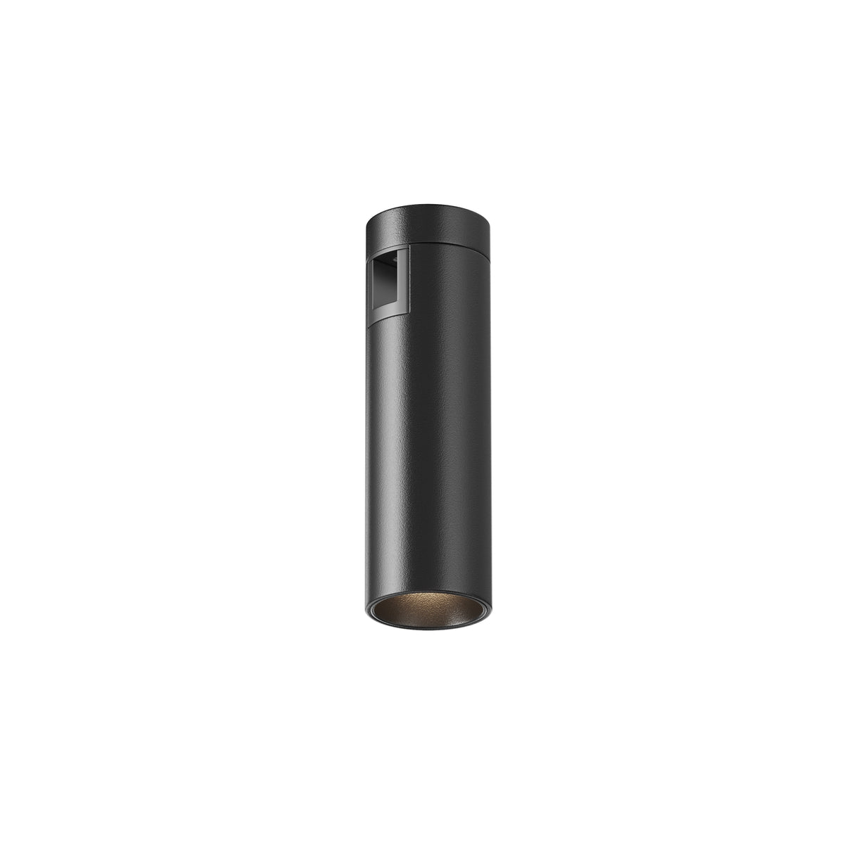 Maytoni Focus Led cylindrical LED track spotlight in black with rotating head and side aperture, shown on a plain white background.