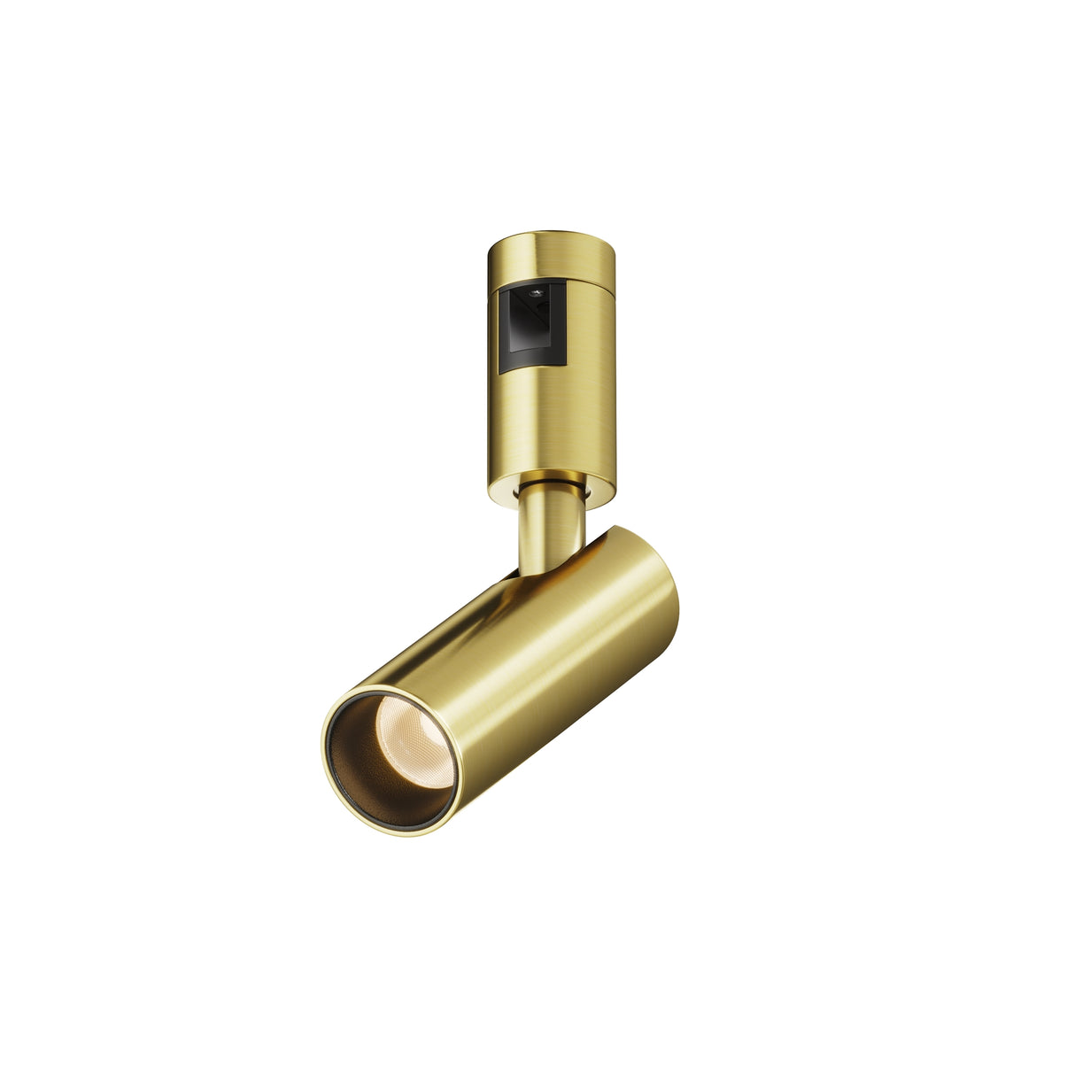 Maytoni Focus LED track light with a cylindrical brass spotlight head, adjustable tilt mount, and integrated 5W LED, shown on a plain white background.