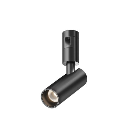Maytoni Focus LED track spotlight in black with cylindrical adjustable head and integrated 5W warm white LED, shown on a plain white background.