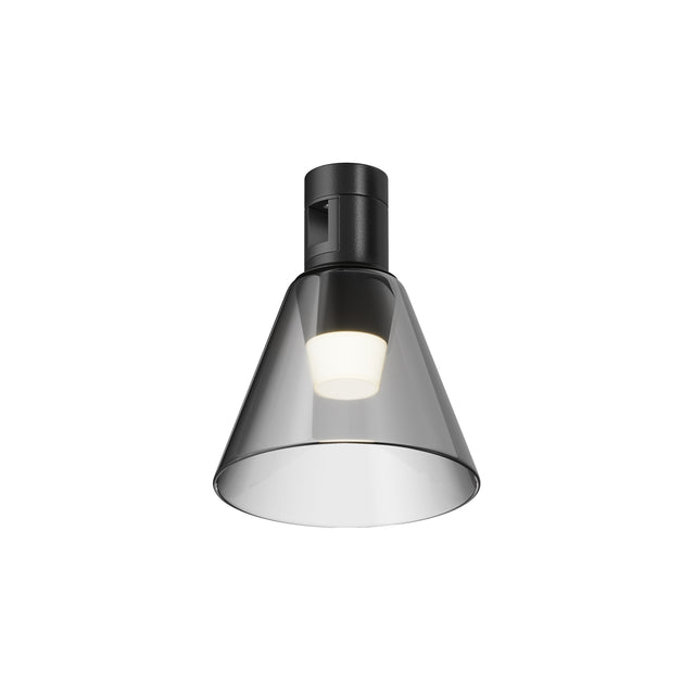 Maytoni Bianca LED track light with a black aluminium conical shade, clear glass diffuser, and integrated 3W 3000K warm white LED, on a white background.