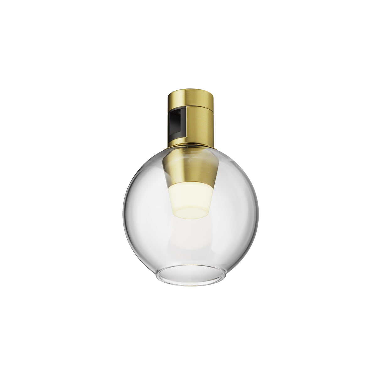 Maytoni Bubble LED track light in brass with a clear spherical glass shade and frosted diffuser, shown on a plain white background.