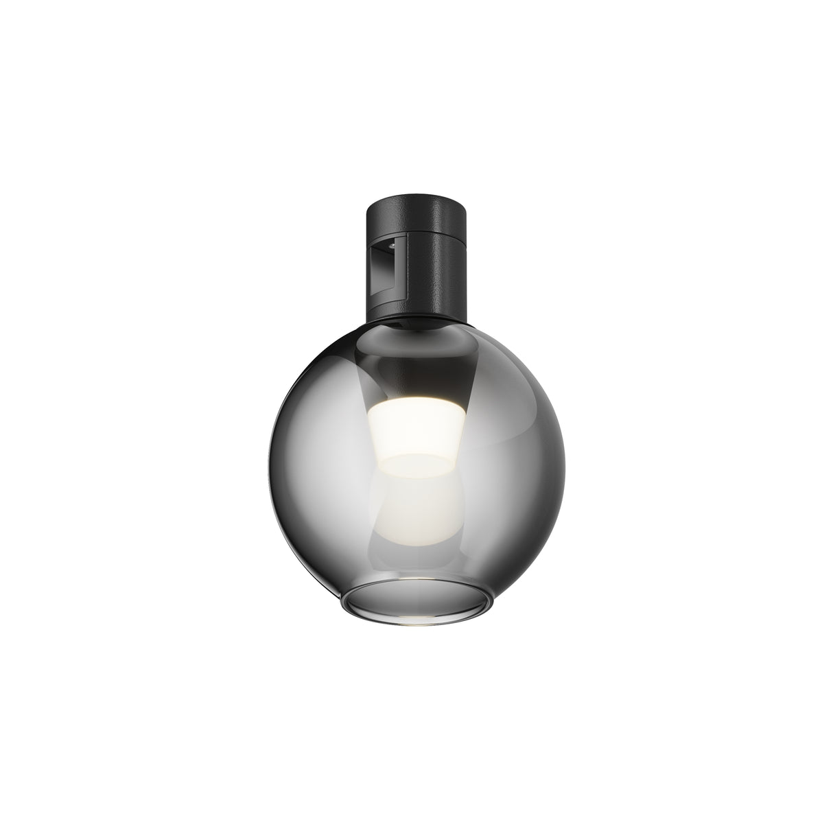 Maytoni Bubble LED track light in matt black with a spherical smoke glass shade and integrated 3W 3000K warm white lamp, on a plain background.