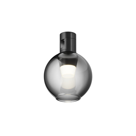 Maytoni Bubble LED track light in matt black with a spherical smoke glass shade and integrated 3W 3000K warm white lamp, on a plain background.