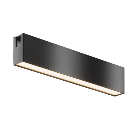 Maytoni Basis LED track light in matte black aluminium with a low-profile linear rectangular body and warm white 3000K diffuser, shown on white.