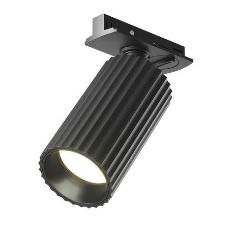 Maytoni Calipso track spotlight in matte black with ribbed cylindrical aluminium body and adjustable head on a rectangular single-circuit track adaptor.