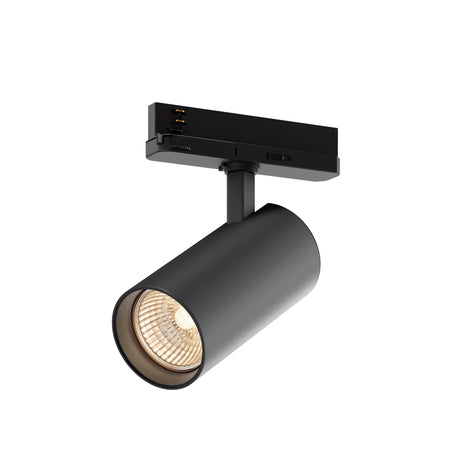 Maytoni Vuoro Pro 30W 2700K LED track light in a black aluminium cylinder with three-circuit adaptor, shown on a plain white background.