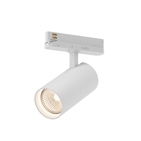 Maytoni Vuoro Pro 40W LED track light with cylindrical white aluminium head on a rotating track adapter, shown against a plain white background.