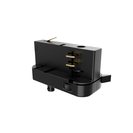 Maytoni Trinity live end adaptor for single-circuit track lighting in black plastic with exposed brass contacts and numbered switch on white background.
