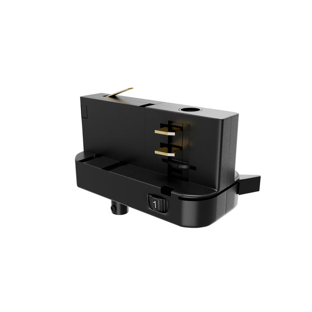 Maytoni track lighting live end adaptor in black plastic with exposed brass contacts and numbered switch, shown on a plain white background.