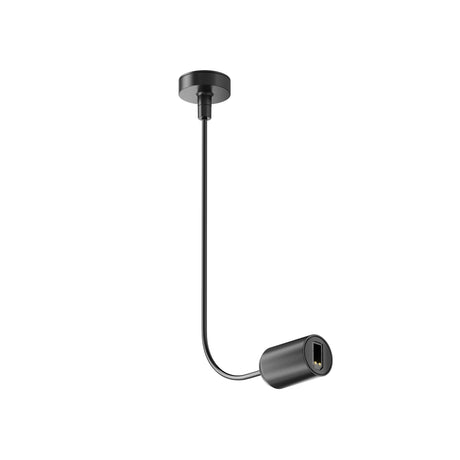 Maytoni Flarity 1200mm pendant track connector in black aluminium with ceiling rose, flexible cable drop, and cylindrical socket housing, on a white background.