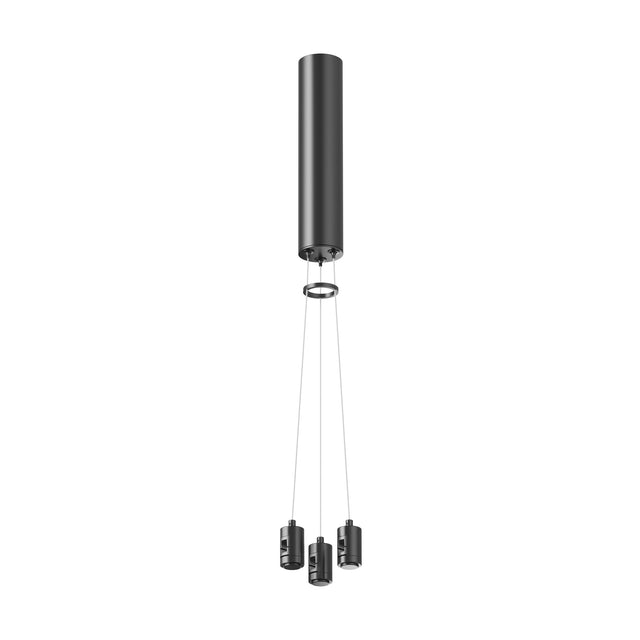 Maytoni Flarity Live Parts 3-drop pendant track system in black, cylindrical aluminium canopy with three adjustable cables and lamp holders.