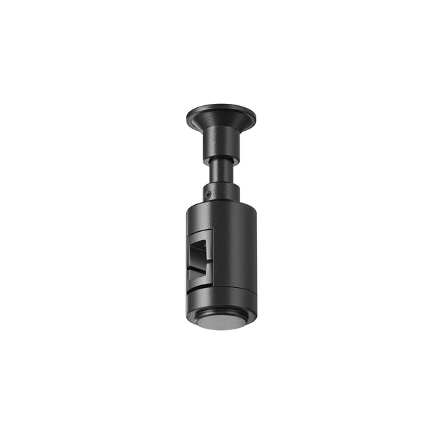 Maytoni Flarity ceiling mount component in black aluminium with cylindrical body and adjustable bracket for track lighting, on a white background.
