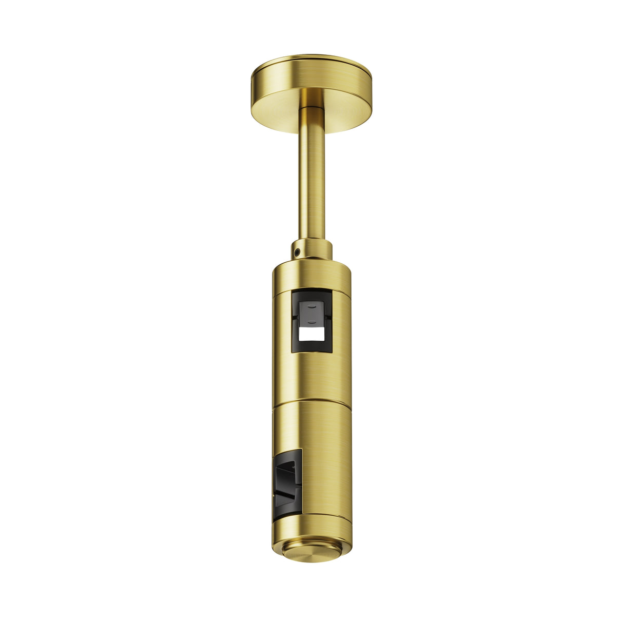 Maytoni Flarity 184mm ceiling-mounted track connector in brass finish, cylindrical form with black port openings, shown on a plain white background.