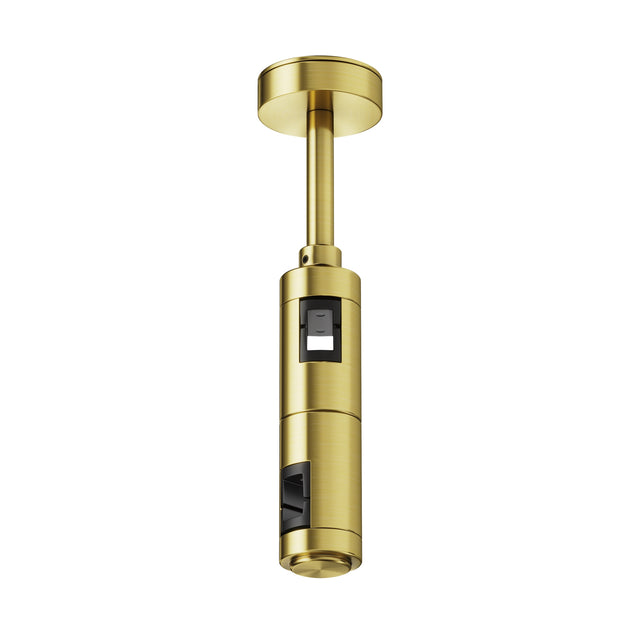 Maytoni Flarity 184mm ceiling-mounted track connector in brass finish, cylindrical form with black port openings, shown on a plain white background.
