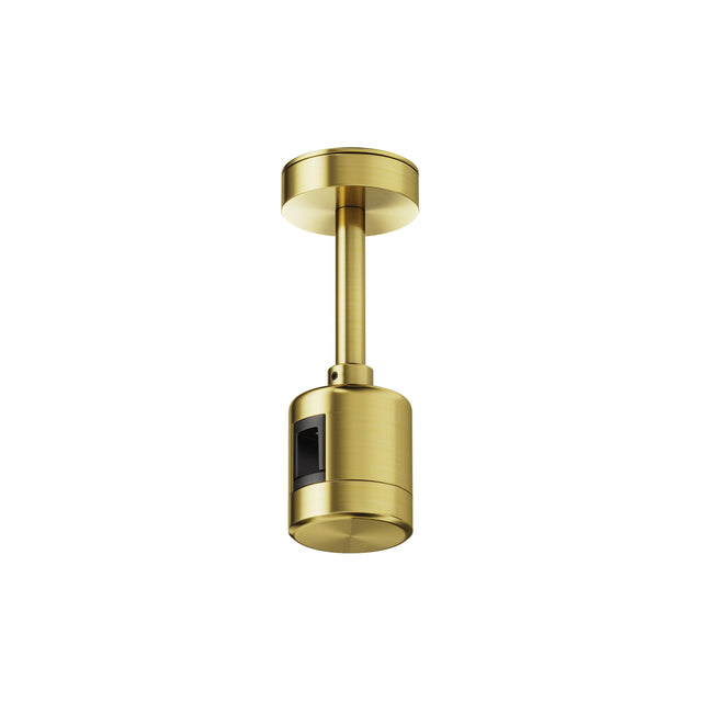 Maytoni Flarity brushed brass track lighting live end cap, small cylindrical metal fitting with ceiling mount stem, shown on a plain white background.