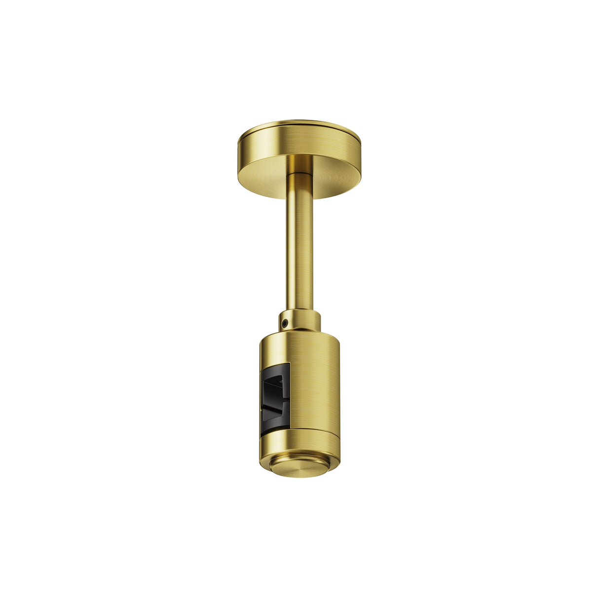 Maytoni Flarity ceiling mount component in brushed brass, a cylindrical track lighting anchor with round ceiling plate and rotating body, on white.
