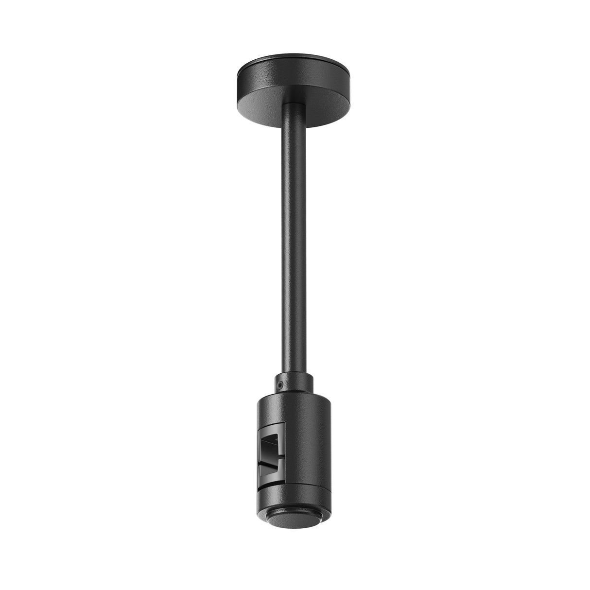 Maytoni Flarity ceiling-mounted track system extension rod in matt black aluminium with twist-lock connector and lower track head socket, on a white background.