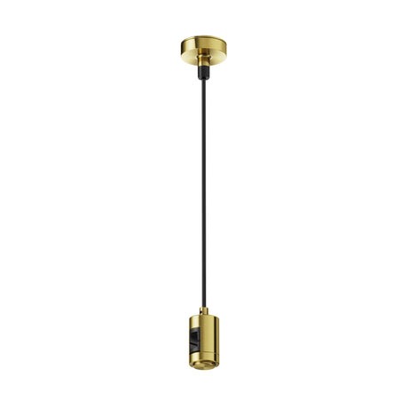 Maytoni Flarity Live Parts 24V track fitting adaptor in brass with ceiling canopy and black suspension cable on a plain white background.