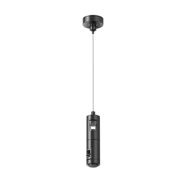 Maytoni Flarity Live Parts black aluminium track lighting component suspended from a round ceiling rose by a slim cable, shown on a white background.