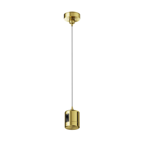 Maytoni Flarity Live Parts brass track power connector, cylindrical form suspended by slim cable from a round ceiling plate on a white background.