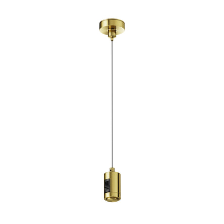 Maytoni Flarity track-mounted pendant adaptor in brass, with a cylindrical body suspended from a slim cable and ceiling fitting, on a white background.