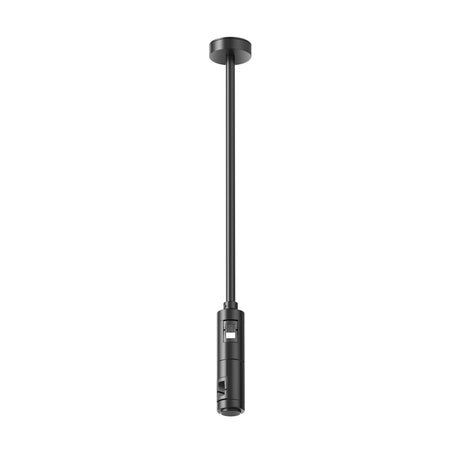 Maytoni Flarity 406mm track connector in black aluminium with ceiling-mounted rod and cylindrical live-parts fitting, shown on a plain white background.