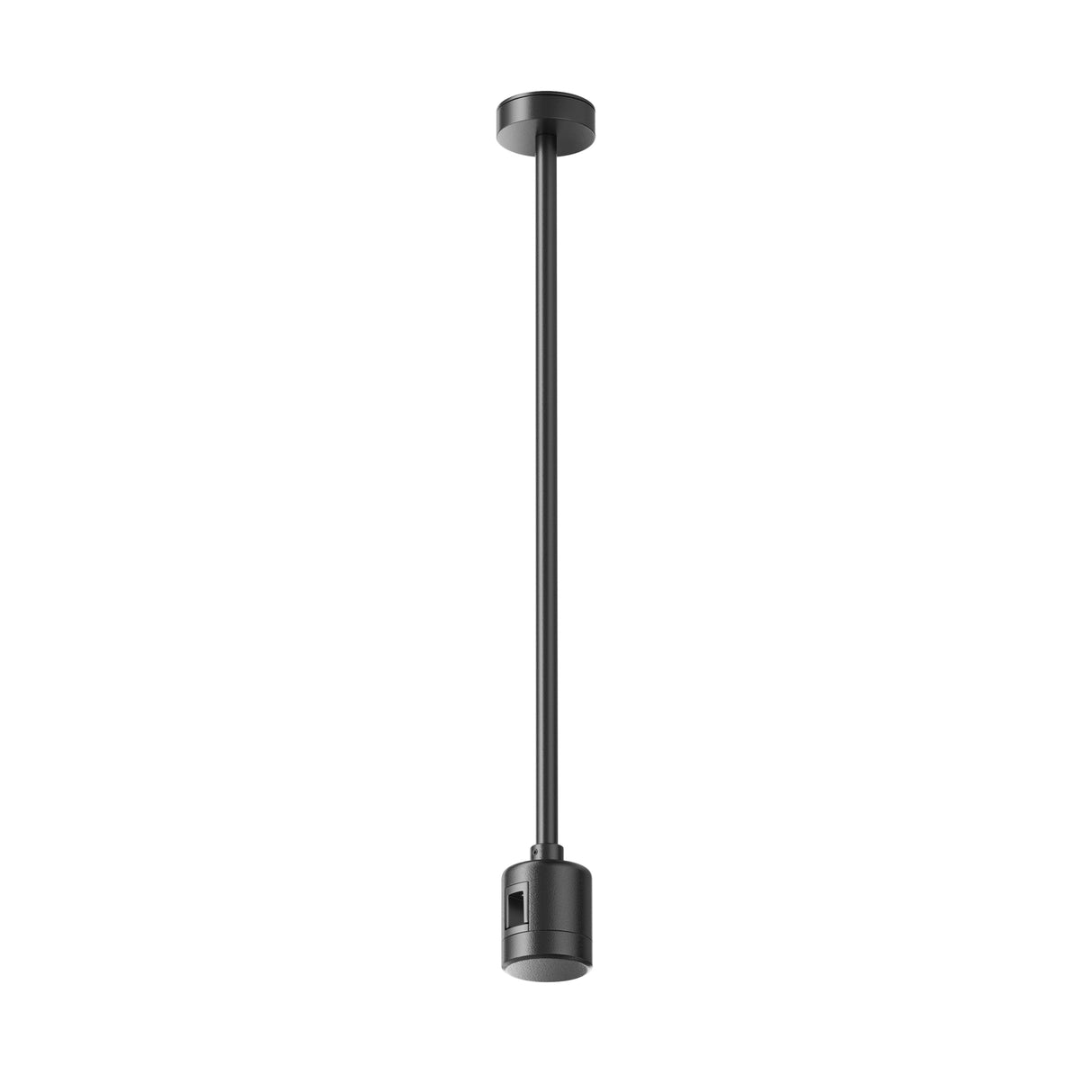 Maytoni Flarity ceiling-mounted track lighting live parts component in black aluminium with slim drop rod and cylindrical connector head, on white background.