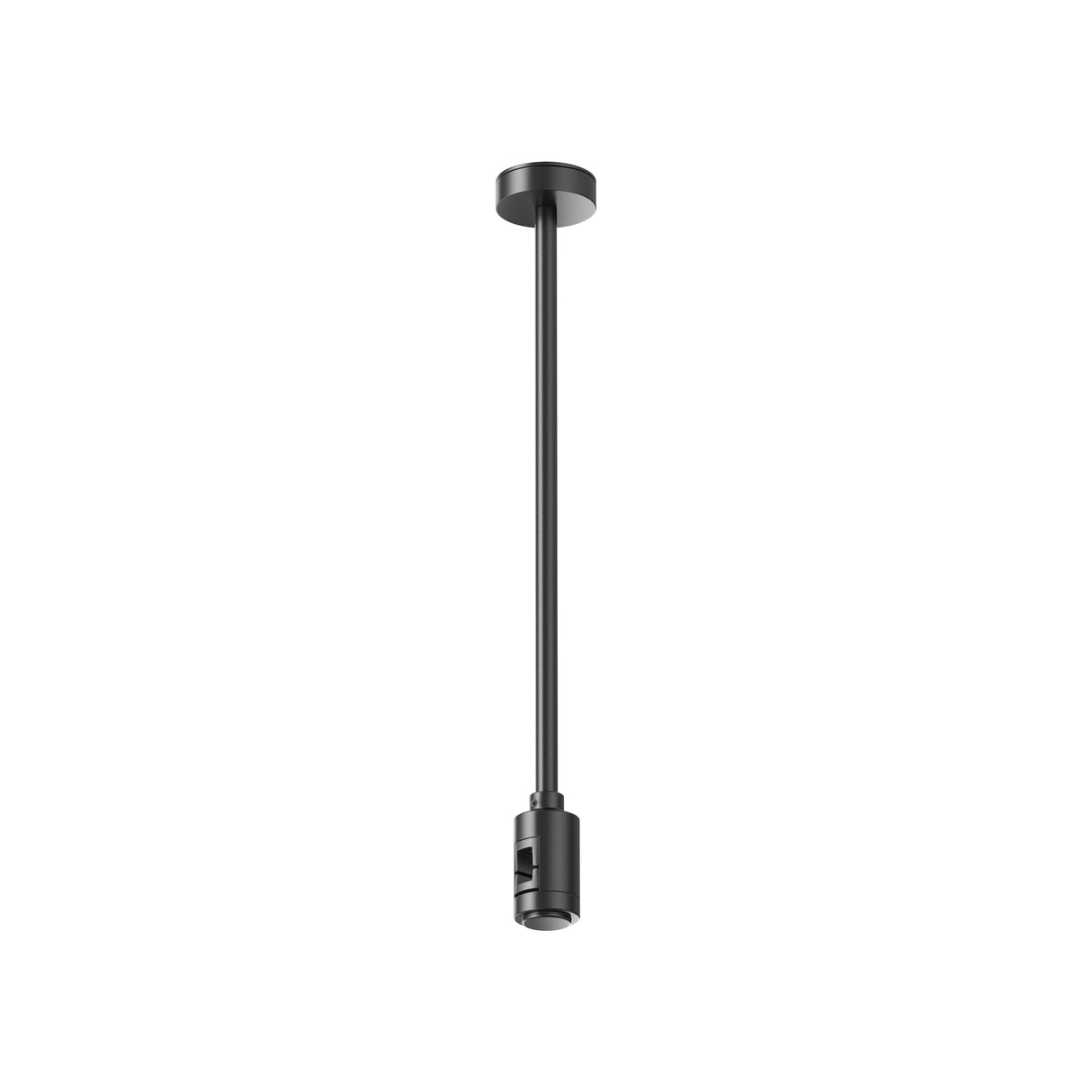 Maytoni Flarity Track System Rod Suspension in black aluminium with cylindrical ceiling mount and track adapter socket at the base, on a white background.