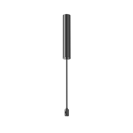 Maytoni Flarity black aluminium pendant adaptor with cylindrical body and suspended cable connector for 24V DC track, shown on a plain white background.