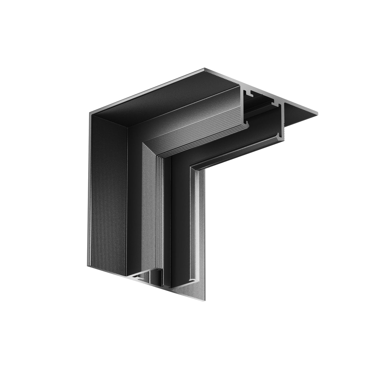 Maytoni Tenity recessed track profile in black aluminium, shown as an L-shaped corner section with ribbed channel and mounting flanges on a white background.