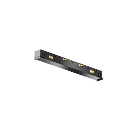 Maytoni Tenity recessed live rail in matt black aluminium with copper-toned magnetic contacts along the housing, shown on a plain white background.