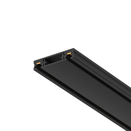 Maytoni Radity 1m track lighting rail in matt black aluminium, shown end-on with copper contacts visible inside the recessed channel on a white background.