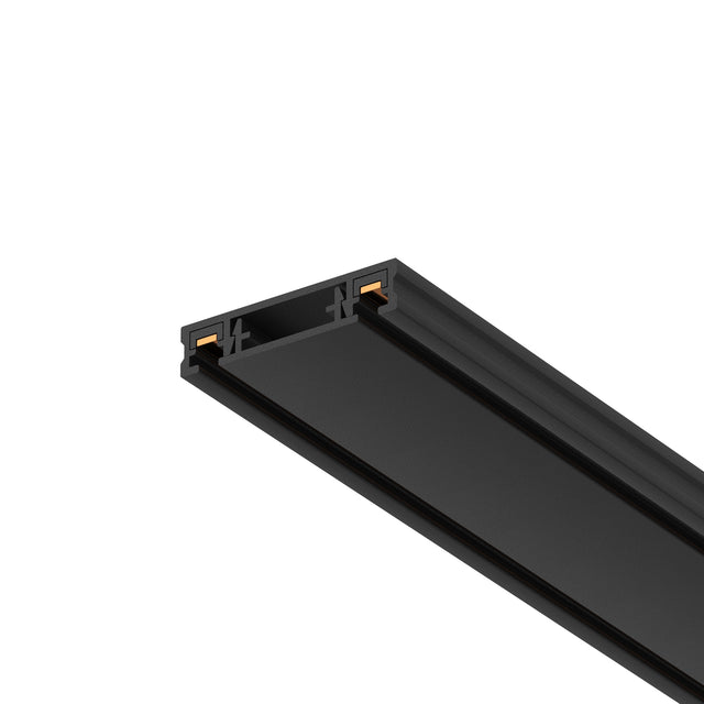 Maytoni Radity 1m track lighting rail in matt black aluminium, shown end-on with copper contacts visible in the recessed channel on a white background.