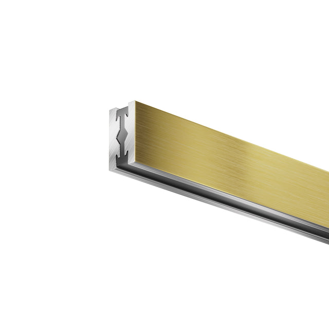 Maytoni Flarity 1m surface-mounted pendant track in brushed brass-finish aluminium, shown at an angle with visible mounting channel on a white background.
