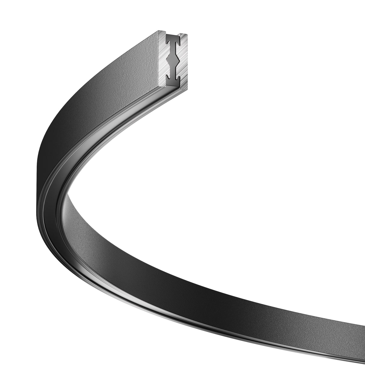 Maytoni Flarity 800mm surface-mounted pendant track in matte black aluminium, shown curved to demonstrate its flexible profile on a white background.