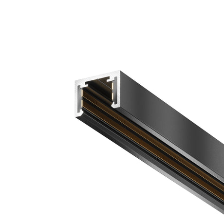 Maytoni Tenity 2m three-circuit track rail in matt black extruded aluminium, end profile view showing the channel and copper conductors inside.