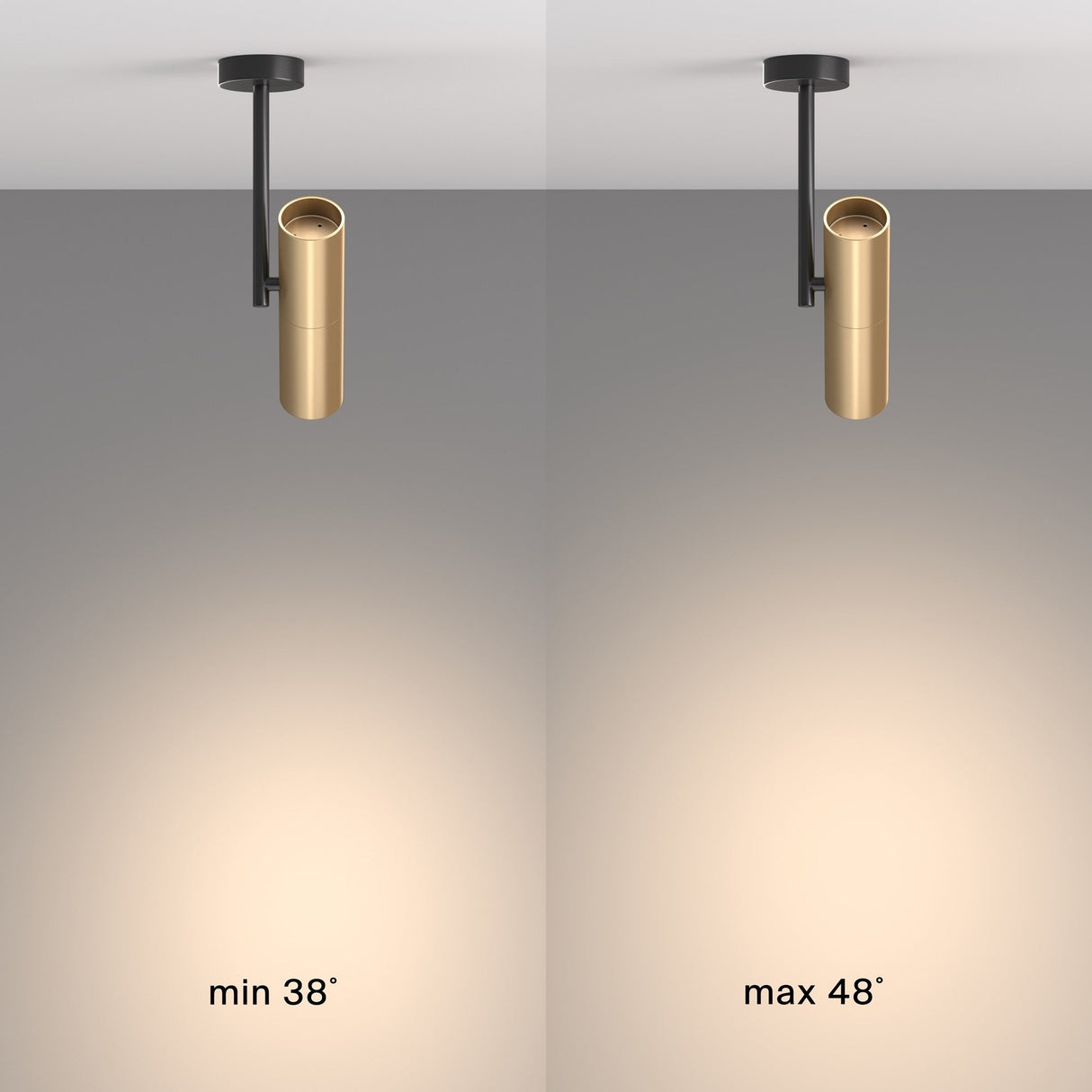 The Elti Single Spotlight in black and gold showcases modern industrial lighting with adjustable spreads, featuring a narrow 38° beam on the left and a wider 48° beam on the right, elegantly suspended from a sleek black rod.