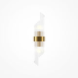 The Frame Up & Down Wall Light - Gold features a modern design with a central gold band and vertical glass rods, offering luxe classic lighting and an elegant symmetrical look against a white background.