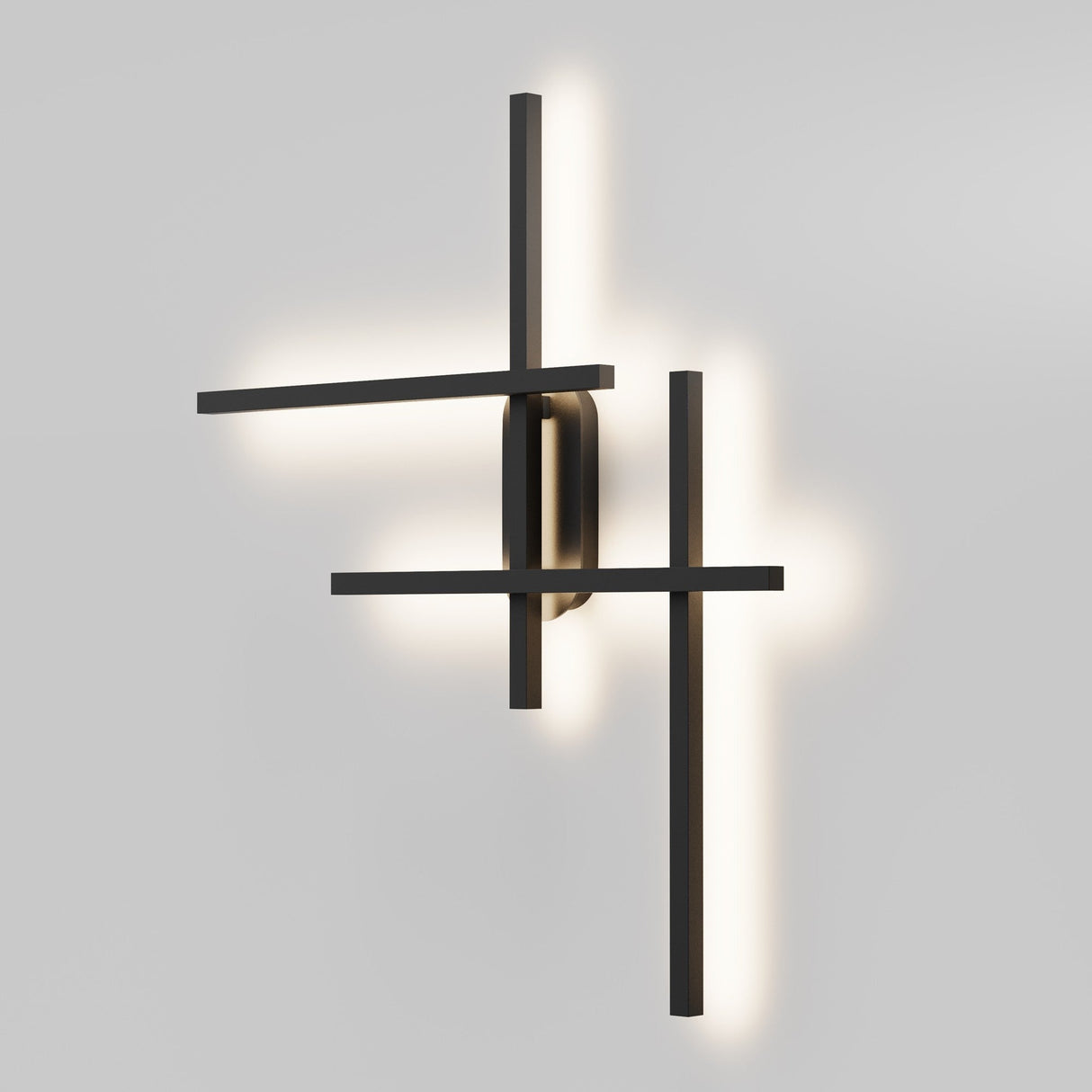 The Halo Dimmable LED Wall Light 3000-4000K in black features a geometric design with four intersecting rods, creating a cross pattern. Ideal for light gray walls, it emits a soft glow and offers dimmable illumination for customizable ambiance and energy efficiency.