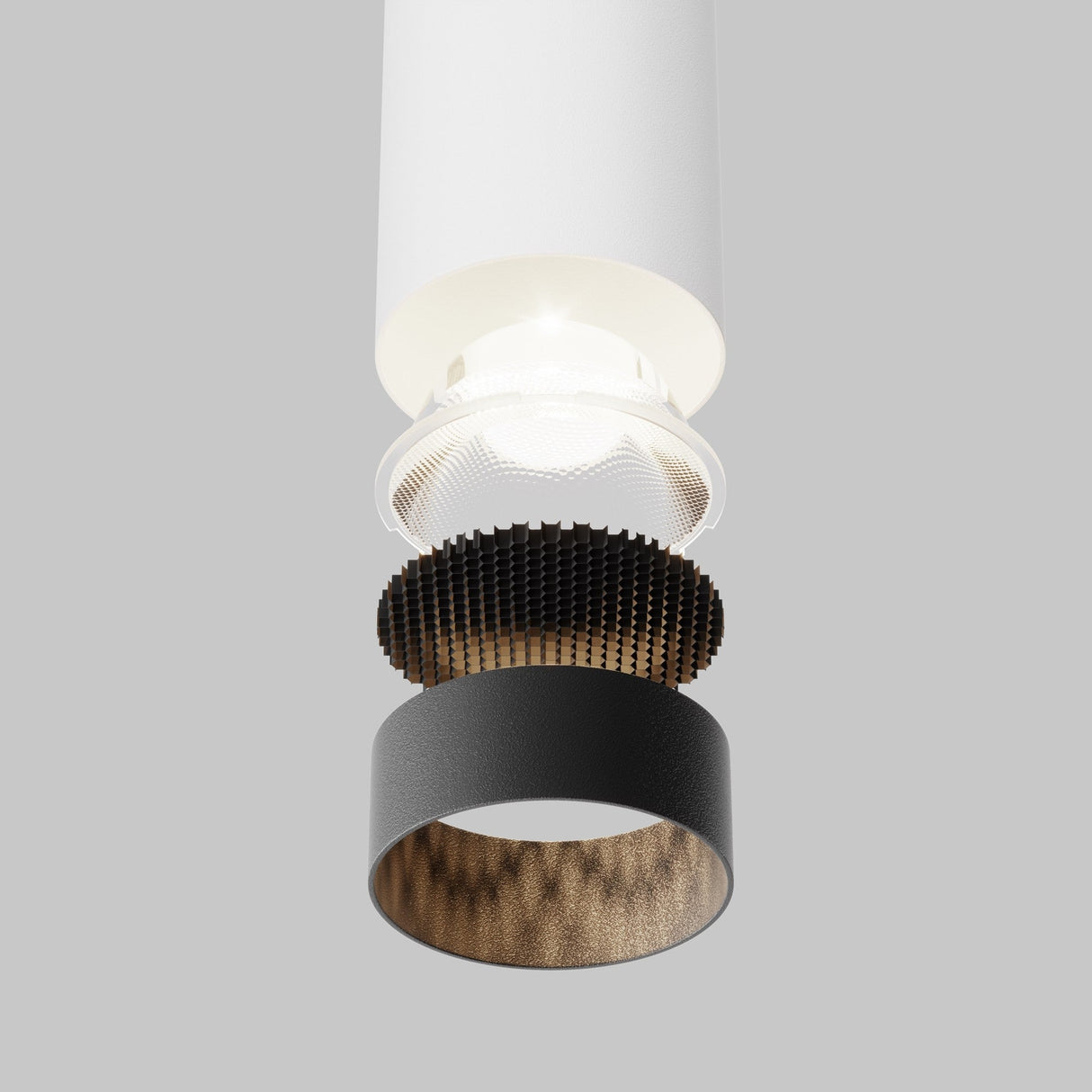Technical features of Focus LED Pendant Light in white, showcasing its efficient lighting technology